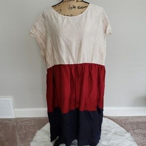 Casual Cream and Red A-line Midi Dress with Crew Neck